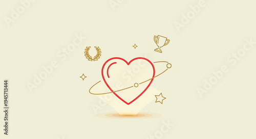 Red Heart Icon with Laurel Wreath, Trophy, Stars, and Orbit Lines - Love, Success, Achievement