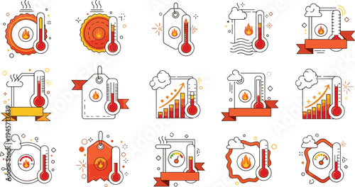 Global warming and temperature rise icons set with thermometers heat indicators climate change warning symbols and environmental crisis vector illustration collection
