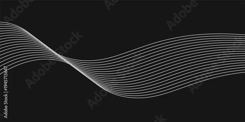 Wave of flowing vanishing particles vector abstract background, curvy lines dots in motion over black relaxing illustration, smoke like image.