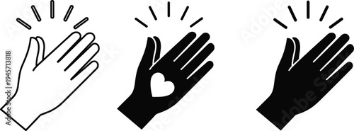 Vector, set, of, clapping, hands, icon, applause, symbol, for, appreciation, success, celebration, encouragement, heart, sign, charity, teamwork, minimalist, black, illustration