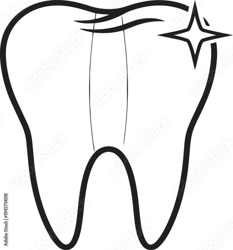 A minimalist black and white line art illustration of a clean and sparkling molar tooth icon