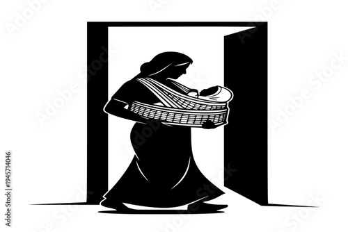 Mother Carrying Baby in Seboua Sieve Tradition Ritual First Journey Naming Ceremony Black Vector Silhouette