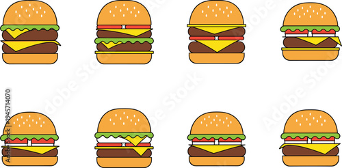 Hamburger icon collection with sesame bun beef patty cheese lettuce and tomato fast food burger set vector illustration
