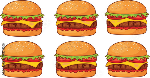 Cheeseburger set with sesame bun beef patty cheese lettuce and tomato fast food hamburger icons vector illustration