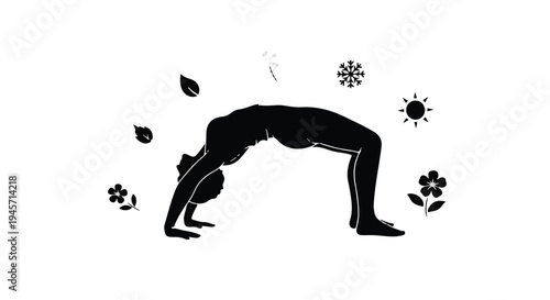 Silhouetted figure gracefully executing the upward bow yoga pose, surrounded by floating seasonal symbols like flowers, leaves, and a sun icon on a plain white backdrop.