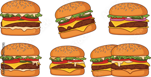 Cheeseburger collection with sesame bun beef patty melted cheese lettuce and tomato fast food hamburger set vector illustration