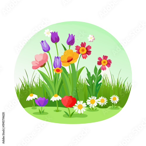 Spring flowers on meadow. Springtime, green grass and wild flower bouquets. Pansy chamomile, tulips growth in garden lawn. Neoteric vector nature landscape elements .vector icon