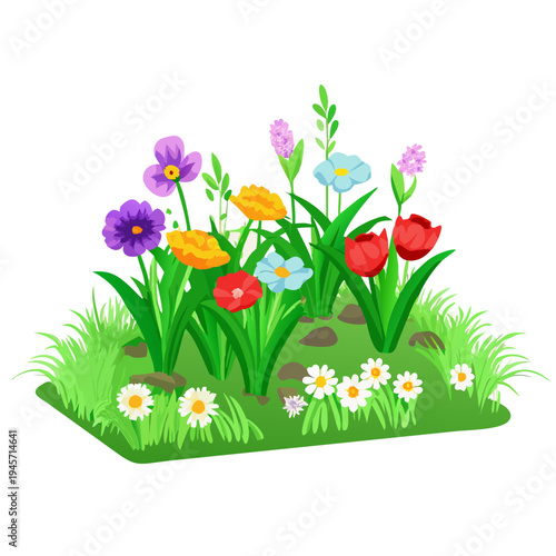 Spring flowers on meadow. Springtime, green grass and wild flower bouquets. Pansy chamomile, tulips growth in garden lawn. Neoteric vector nature landscape elements .vector icon