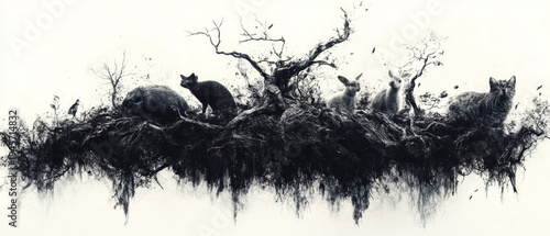 A sombre black-and-white composition featuring animals on tree debris symbolises the ecological crisis, suitable for illustrating articles on environmental pollution or climate disasters.