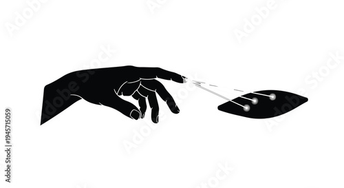 Silhouette of a dark hand reaching out to touch a floating abstract shape with light connections, symbolizing digital interface interaction against a stark white background.