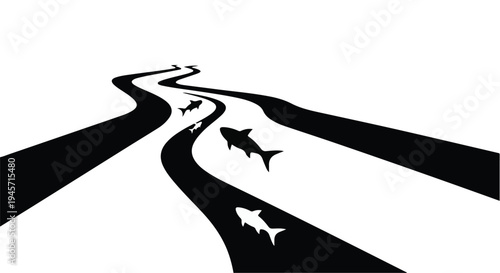 Silhouetted fish swim upstream against a flowing, winding river path depicted in stark black and white graphic design.