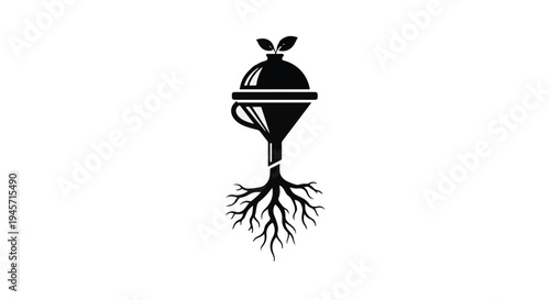 Creative black icon merges a food serving cloche with a scientific funnel atop a strong, detailed root system, suggesting organic sourcing or culinary conversion.