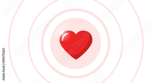 Red Heart Icon with Concentric Circles on White Background, Love Symbol