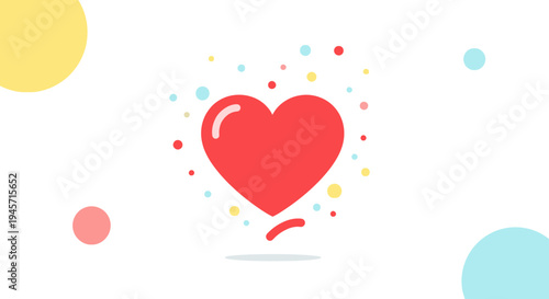 Red Heart Icon with Confetti and Circles on White Background