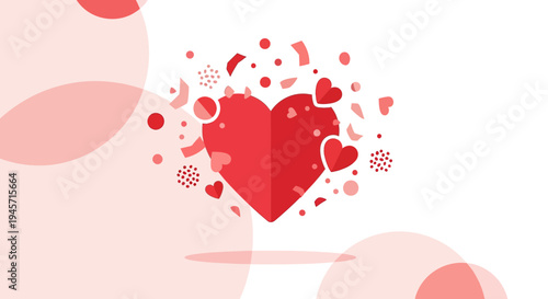 Red Heart Icon with Confetti and Circles on White Background