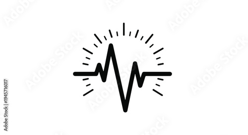 Bold black line art depicts a radiating heart rate monitor line, symbolizing vital signs or energy, bursting outward with sharp, symmetrical light rays.