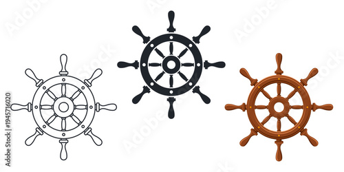 classic brown wooden ship helm nautical steering wheel icon symbol outline silhouette vector set of 3 on transparent background