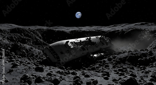 a crashed spaceship lies wrecked on the desolate lunar surface with earth looming in the dark sky illustrating a space accident.