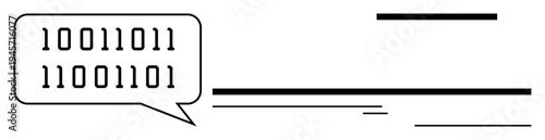 Speech bubble displaying binary code alongside abstract lines representing data transmission, coding, and digital communication. Ideal for technology, coding, data, AI, communication, programming