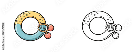 Teething ring in flat cartoon and linear styles with blue and yellow textured surface and small rattle beads representing nursery toys for infant development on white background