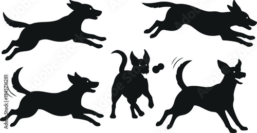 Dog silhouette action poses set including running jumping barking and playful domestic canine pet black vector illustration isolated on white background