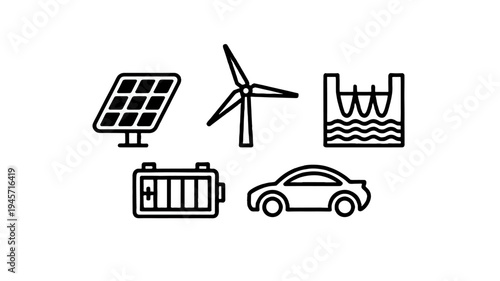 A collection of icons representing eco-friendly energy sources, including solar panels, wind turbines, and hydropower.