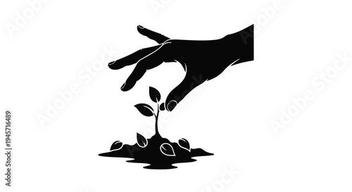 Dark silhouette of a human hand gently reaching down to nurture a tiny sprouting seedling emerging from rich, textured soil on a bright white surface.