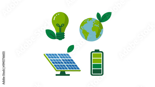 Eco-friendly icons representing sustainability and renewable energy.