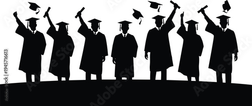 Graduation students silhouettes celebrating success, graduates throwing caps in air with diplomas, education achievement vector illustration isolated on white background