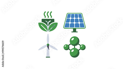 A set of illustrations representing different sources of green energy.