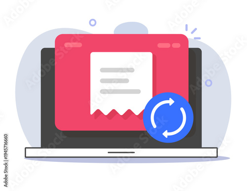 Automatic subscription payment or recurring icon vector, renewal billing invoice online transaction on laptop computer screen sign symbol, modern digital banking repeated charge service illustration
