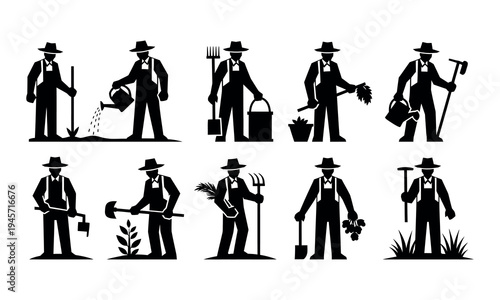 Vintage farmer illustrations with various gardening tools