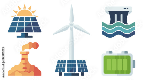 Renewable energy sources illustration showing solar, wind, and hydro power. 