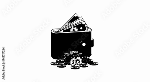 Wallet overflowing with cash and coins, representing financial abundance