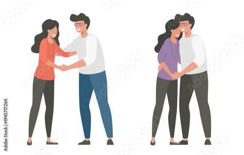 Couple in love vector, man woman hugging embrace or dancing happy smiling modern minimal graphic illustration design drawn flat cartoon, romantic intimate relationship partners together clip art

