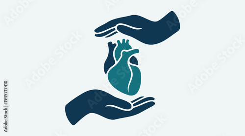 Symbolic illustration of human hands gently cradling a healthy anatomical heart, representing care, health protection, and medical support