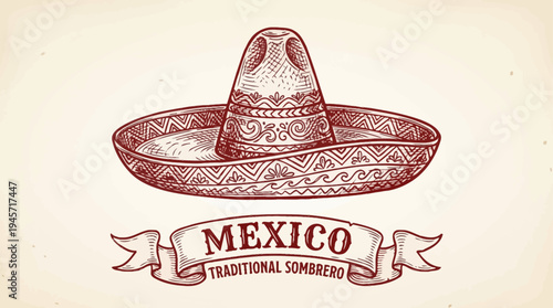 Mexican Sombrero Hat Vintage Hand Drawn Illustration Traditional Mexico Culture