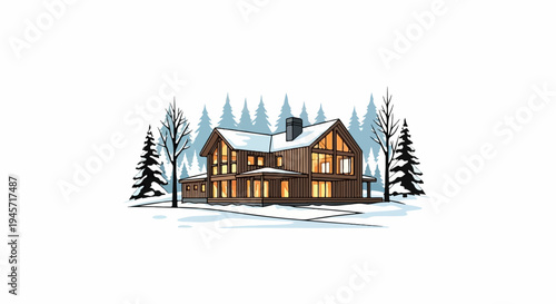 Warm, modern wooden home in snowy forest with glowing windows