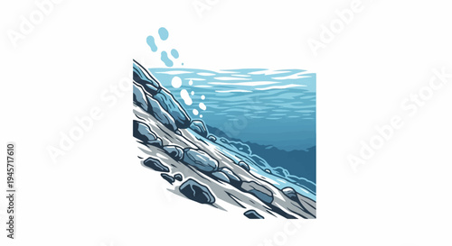 Underwater scene of rocks and bubbles against a blue water background