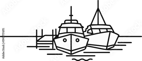 Two line art boats docked side by side in the water