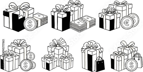 Various gift boxes with money and coins