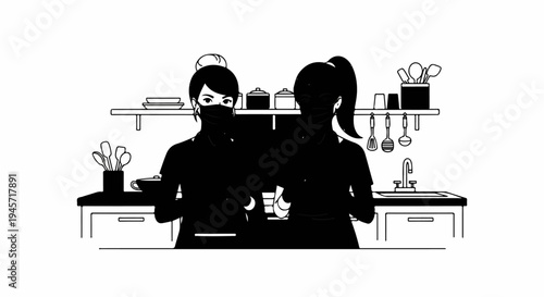 Two masked people work in a kitchen with utensils, sink, and shelves