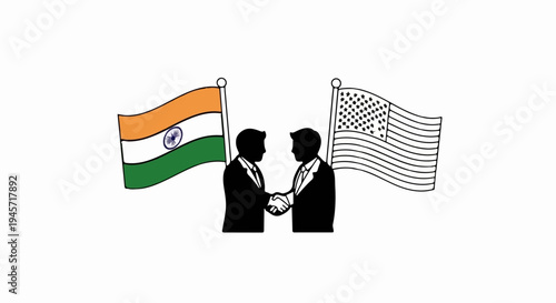 Two men in suits shake hands between Indian and US flags