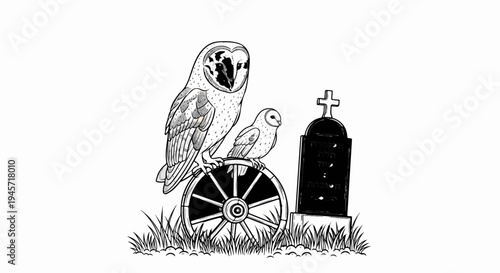 Two owls perched on a wheel beside a tombstone in a grassy graveyard