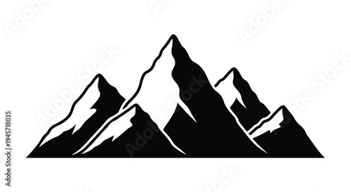 A striking minimalist illustration depicting a majestic mountain range with sharp, snow-capped peaks against a pristine white background, perfect for symbolizing adventure, challenging journeys,.