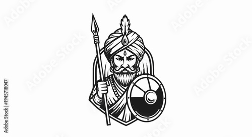 Warrior in turban with spear and shield, emblem