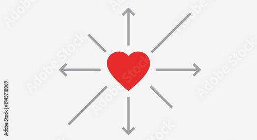 Red Heart Icon with Arrows Radiating Outward on Grey Background
