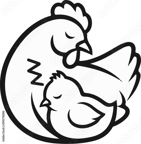 Two chickens, a parent and child, asleep together, forming a circle