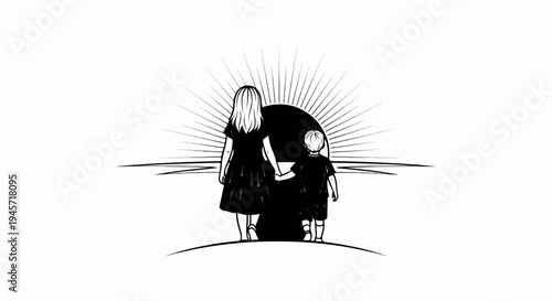 Two children, a girl and a boy, hold hands and walk toward a setting sun