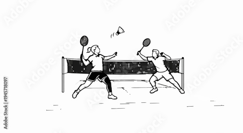 Two people playing badminton, hitting shuttlecock over the net